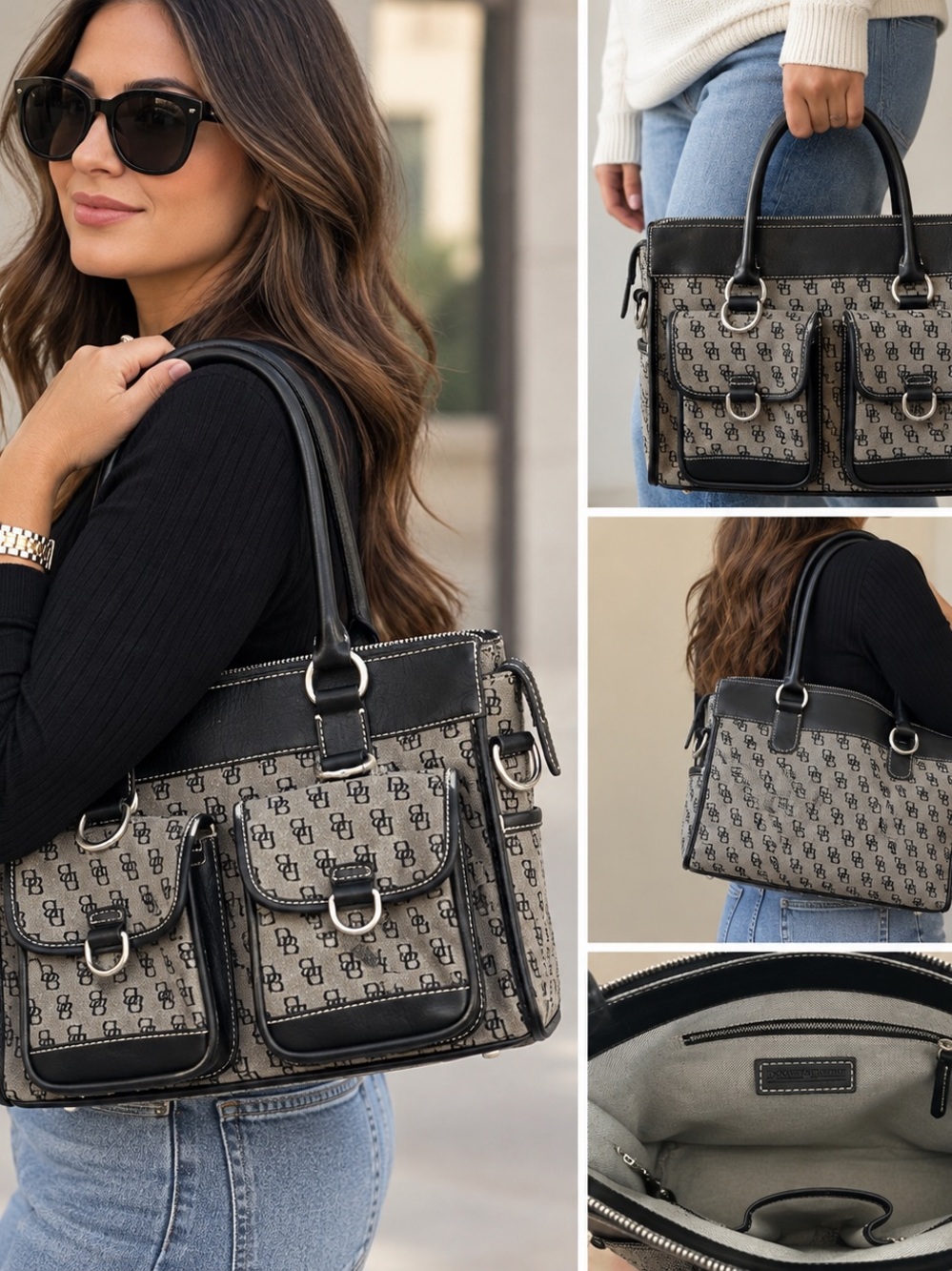 Dooney & Bourke H300CB1 Signature Double Pocket Tote Black Gray Y2K